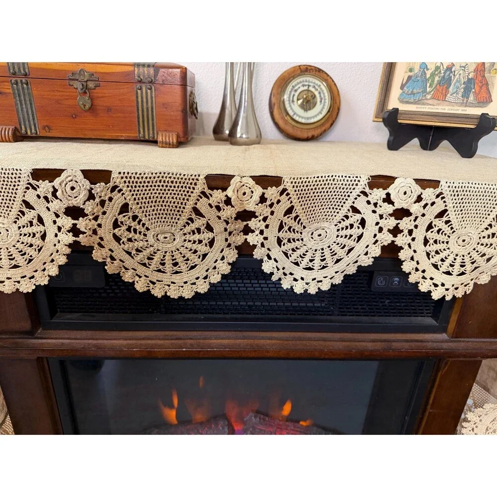 Vintage Crochet Table Runner, 75 Inch Floral Lace Dresser Scarf